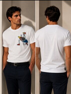 Philipp Plein White Short Sleeve Tee with Multicolor Surfing Skeleton Graphic